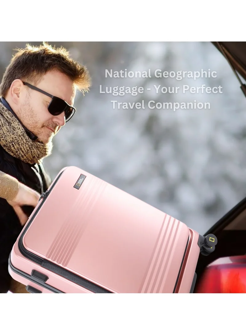 NATIONAL GEOGRAPHIC National Geographic Lodge Travel Suitcase Set, 100% PC Durable Lightweight Hard Shell Expandable Luggage, 4 Double Wheel, TSA Lock 3pcs Trolley Bag Rose Gold (20+24+28 Inch).