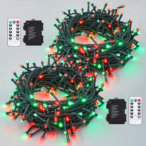 YEGUO Christmas Lights Battery Operated 2 Pack Each 33ft 100 LED Red and Green String Lights Outdoor Waterproof 8 Modes Green Wire Fairy Light Indoor with Remote - Image 1