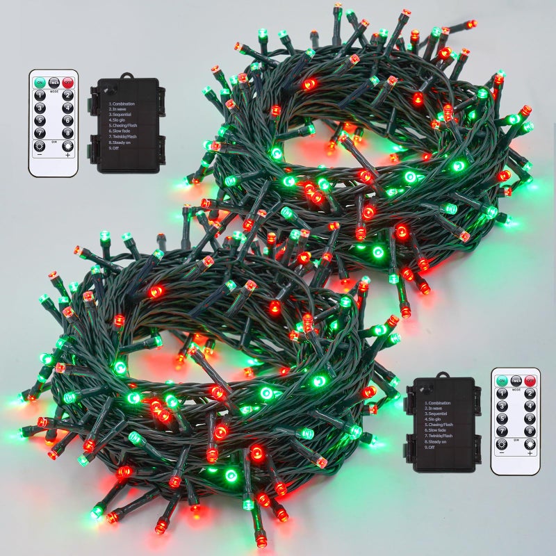 YEGUO Christmas Lights Battery Operated 2 Pack Each 33ft 100 LED Red and Green String Lights Outdoor Waterproof 8 Modes Green Wire Fairy Light Indoor with Remote - Image 2