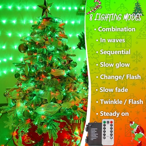 YEGUO Christmas Lights Battery Operated 2 Pack Each 33ft 100 LED Red and Green String Lights Outdoor Waterproof 8 Modes Green Wire Fairy Light Indoor with Remote - Image 3