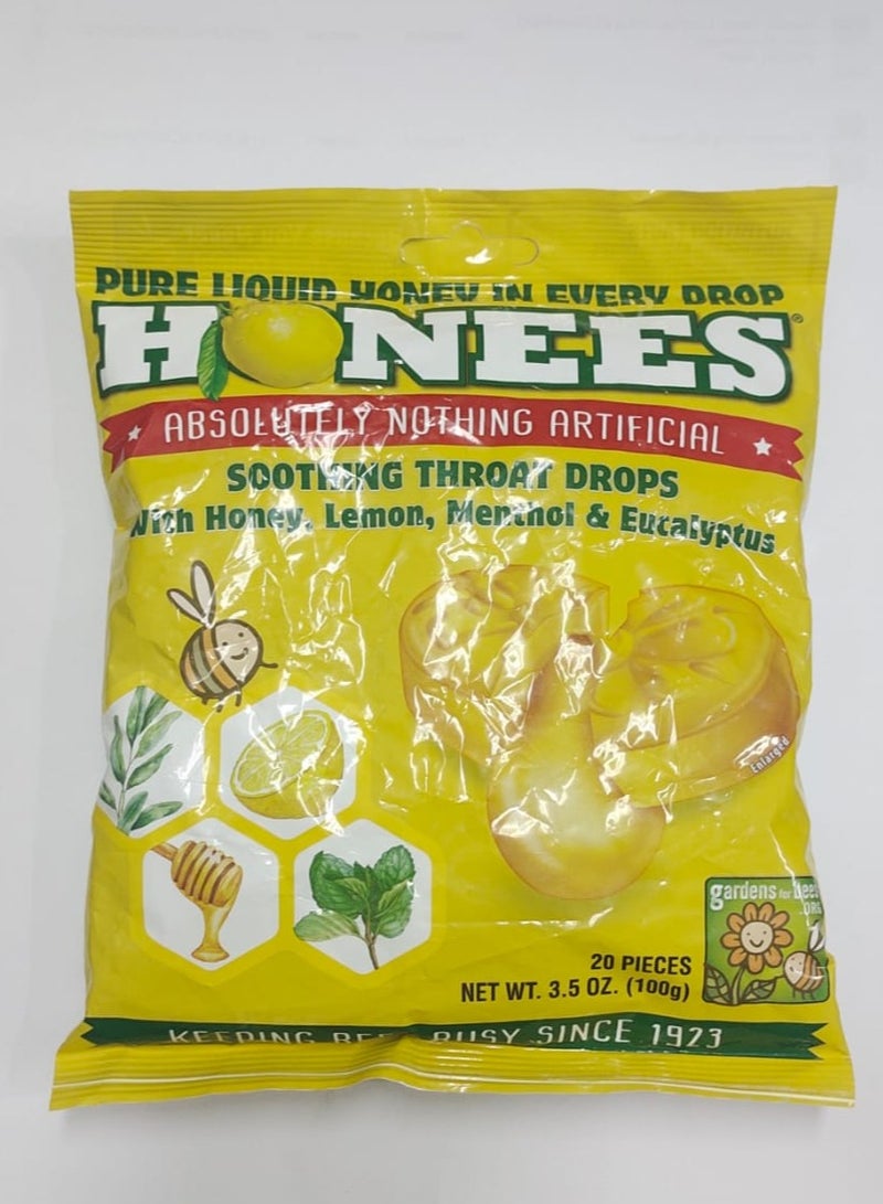 Honees Honey Lemon Menthol Eucalyptus Cough Drops 20 King Sized Drops 3.5 oz (100 g) - Image 1