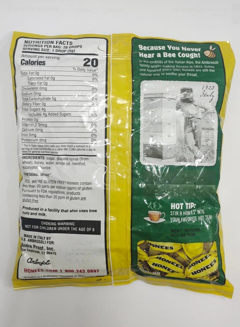 Honees Honey Lemon Menthol Eucalyptus Cough Drops 20 King Sized Drops 3.5 oz (100 g) - Image 2