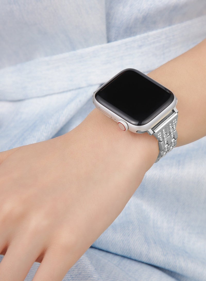Luxury Silver Crystal Stainless Steel Apple Watch Band 42mm/44mm/45mm/49mm – Polished Bracelet Strap with Natural Crystals, Adjustable & Elegant - Image 3