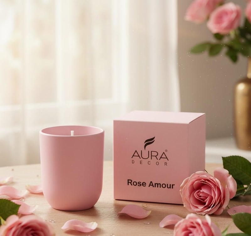 Aura Decor Rose Amour Scented Candle | Luxury Rose Fragrance Candle with Bulgarian Rose, Vanilla & Cashmere Woods | Premium Glass Jar Aromatherapy Candle for Home Décor, Bedroom, Romance & Gifting - Image 3