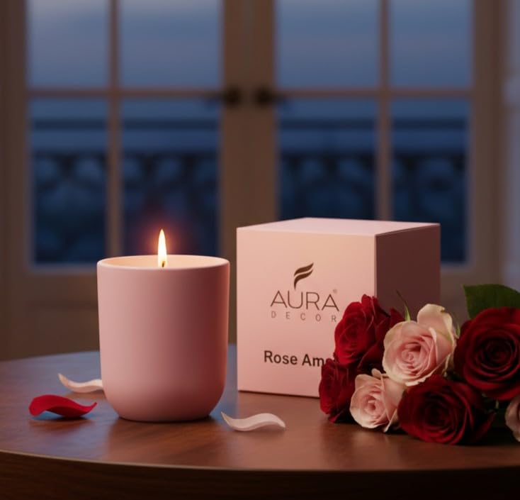 Aura Decor Rose Amour Scented Candle | Luxury Rose Fragrance Candle with Bulgarian Rose, Vanilla & Cashmere Woods | Premium Glass Jar Aromatherapy Candle for Home Décor, Bedroom, Romance & Gifting - Image 1