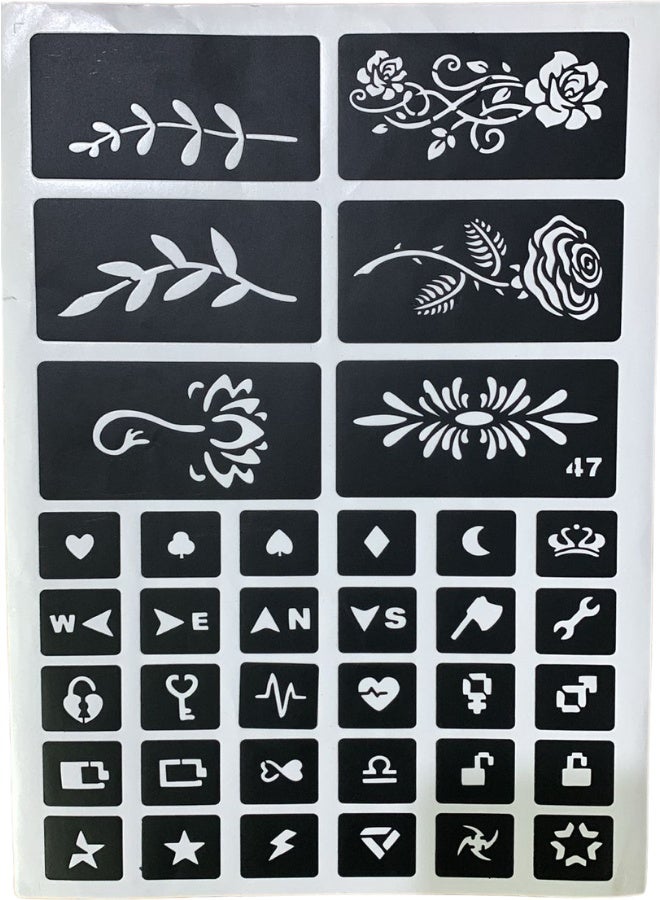 1 Sheet Mini Tattoo Henna Stencils Dual Design Temporary Stickers Reusable Body Art Template Kit Small Symbols Icons Hearts Crowns Stars Flowers Vines Branches Fine Line Temporary Tattoos for Wrist Fingers Neck Discreet Beauty Accessory.