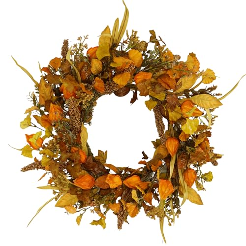 YNYLCHMX 18 Fall Wreaths for Front Door Artificial Autumn Wreath with Cape Gooseberry and Ginkgo Leaves for Home Porch Window Wall Farmhouse Decor Indoor Outdoor Holiday Decor - Image 1