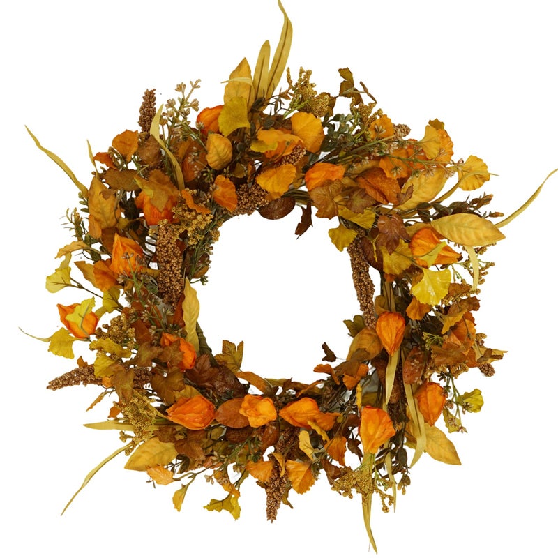 YNYLCHMX 18 Fall Wreaths for Front Door Artificial Autumn Wreath with Cape Gooseberry and Ginkgo Leaves for Home Porch Window Wall Farmhouse Decor Indoor Outdoor Holiday Decor - Image 2