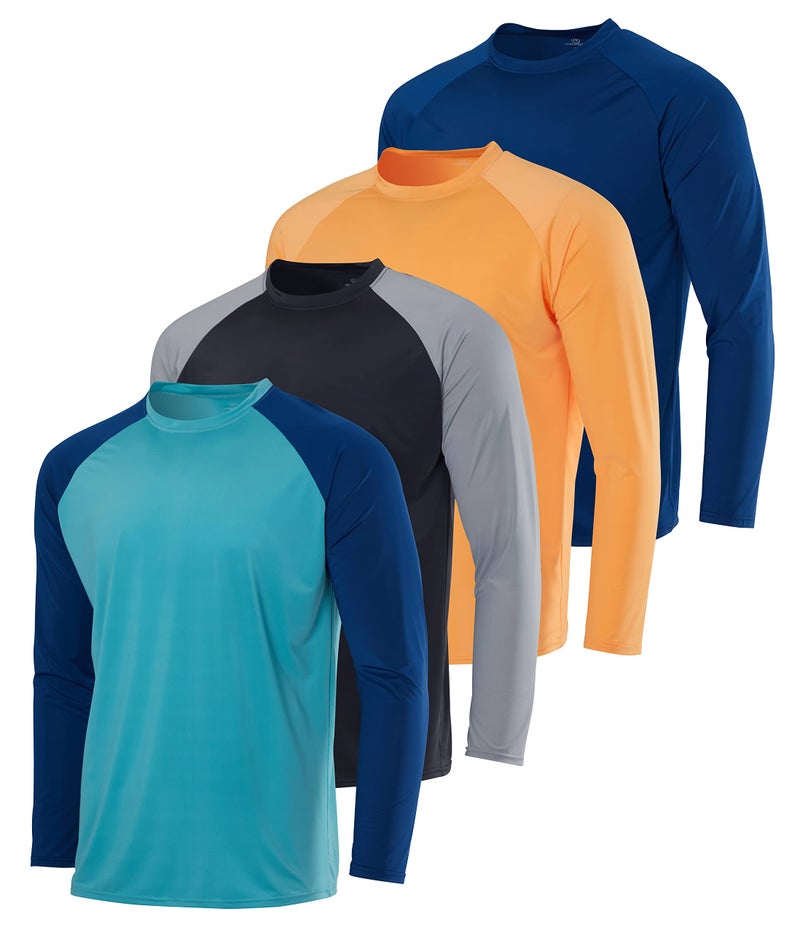 Real Essentials 4 Pack Mens Long Sleeve Rash Guard Shirt UPF 50 Swim Beach UV Sun Protection Fishing Quick Dry Big Tall