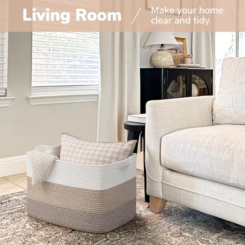 Goodpick Large Storage Basket 18x14x12 Cotton Rope Organizer for Blankets Toy Baskets Storage Kids Rectangle Woven Basket for Living Room Bedroom Gradient Brown - Image 3