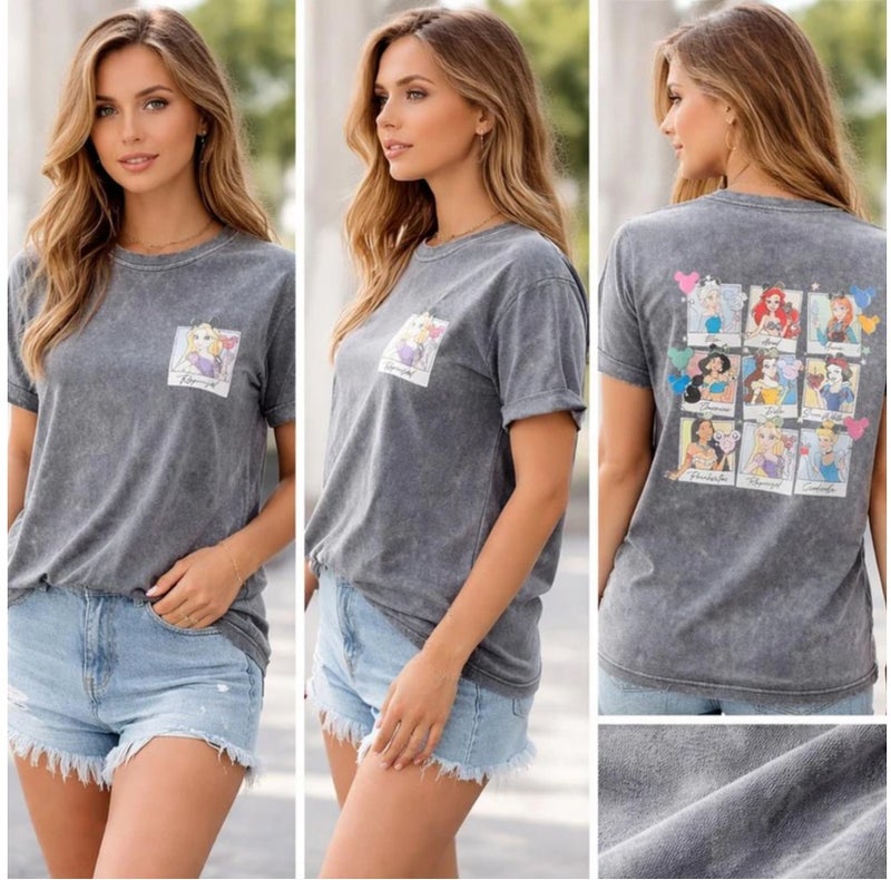 Women's Charcoal Grey Acid Wash Graphic T-Shirt Featuring Disney Princess Polaroid Prints - Front and Back