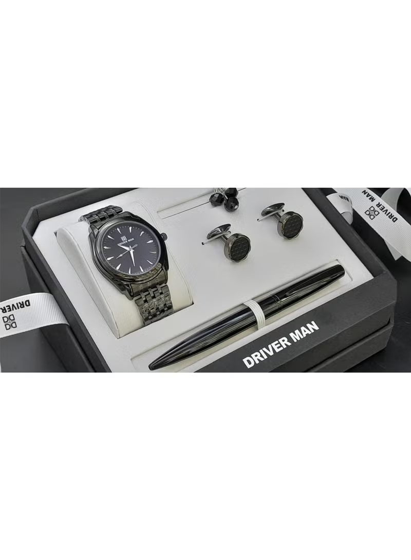 مجموعة هدايا رجالية تتضمن ساعة يد، وقلمًا، وأزرار أكمام (كبك) مع سبحة بتصميم متناسق.