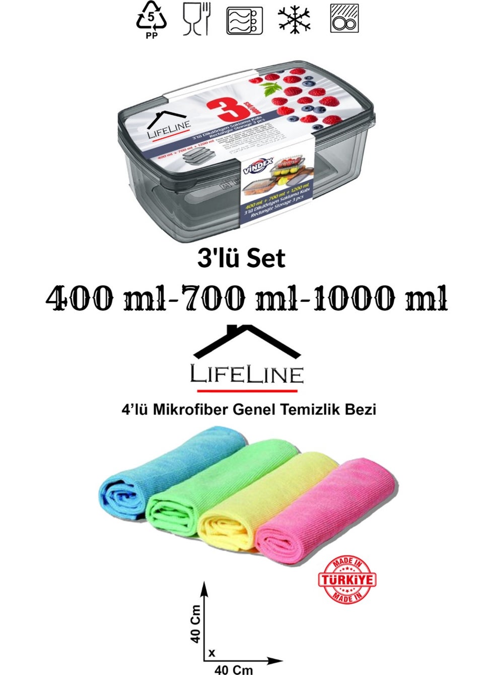 Lifeline - 3-Piece Storage Box Set 400ML 700ML 1000ML 4-Piece Microfiber Kitchen Cloth General Cleaning Cloth 40X40 cm - Image 1