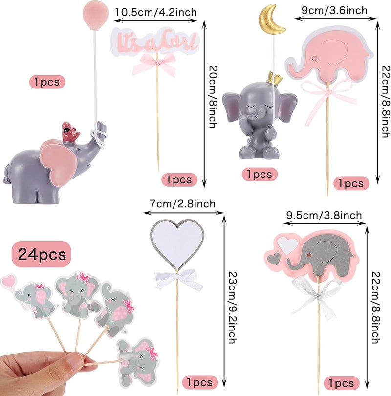 كلاراكو 30 قطعة من ديكورات كعكة الفيل تتضمن غطاء كب كيك على شكل فيل وردي، غطاء كعكة عيد ميلاد الفيل، تمثال كعكة فيل من الراتنج، اختيار كب كيك على شكل فيل مزدوج الجوانب لحفلات استقبال المولود الجديد، لوازم حفلات أعياد الميلاد - Image 2