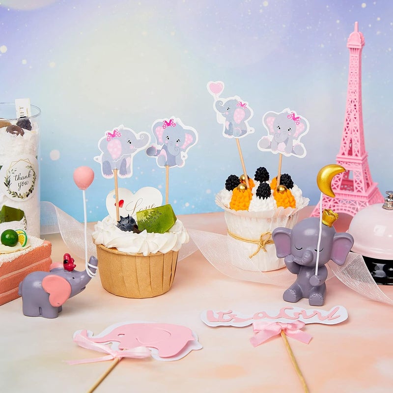 كلاراكو 30 قطعة من ديكورات كعكة الفيل تتضمن غطاء كب كيك على شكل فيل وردي، غطاء كعكة عيد ميلاد الفيل، تمثال كعكة فيل من الراتنج، اختيار كب كيك على شكل فيل مزدوج الجوانب لحفلات استقبال المولود الجديد، لوازم حفلات أعياد الميلاد - Image 5