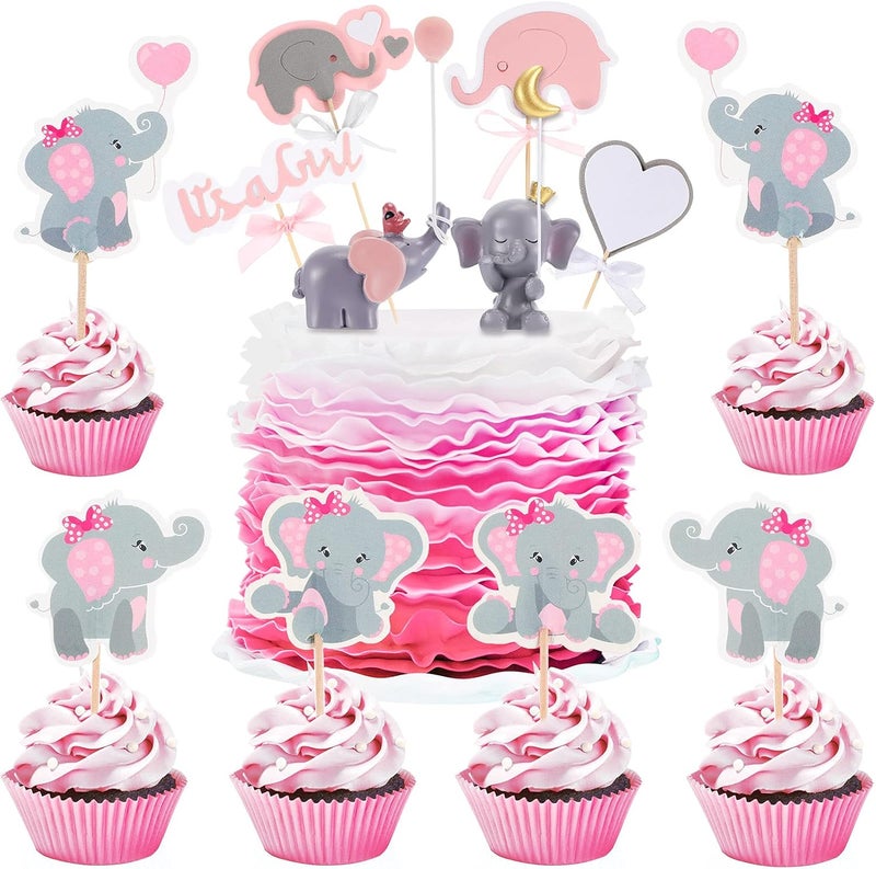 كلاراكو 30 قطعة من ديكورات كعكة الفيل تتضمن غطاء كب كيك على شكل فيل وردي، غطاء كعكة عيد ميلاد الفيل، تمثال كعكة فيل من الراتنج، اختيار كب كيك على شكل فيل مزدوج الجوانب لحفلات استقبال المولود الجديد، لوازم حفلات أعياد الميلاد - Image 1