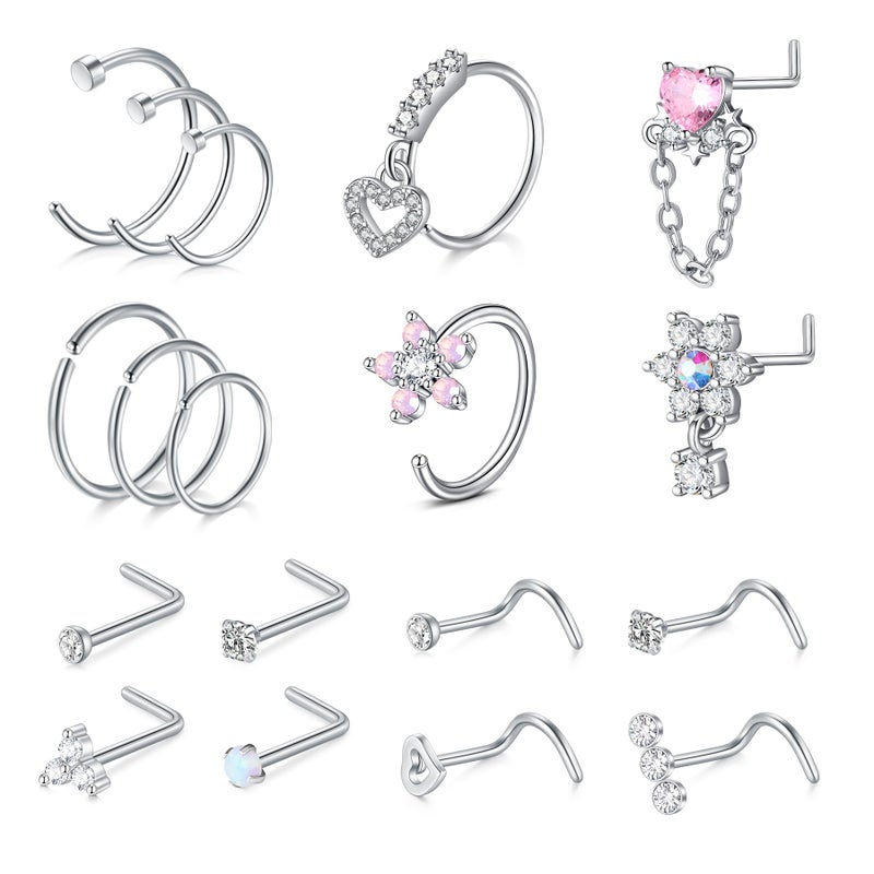 VCMART 20G Nose Rings Nose Piercings Nose Rings Hoops L Shaped Screw Nose Studs Surgical Stainless Steel Nose Ring Nose Piercing Jewelry for Women Men 20 Gauge Silver, Bri-2406-BD1 - Image 1