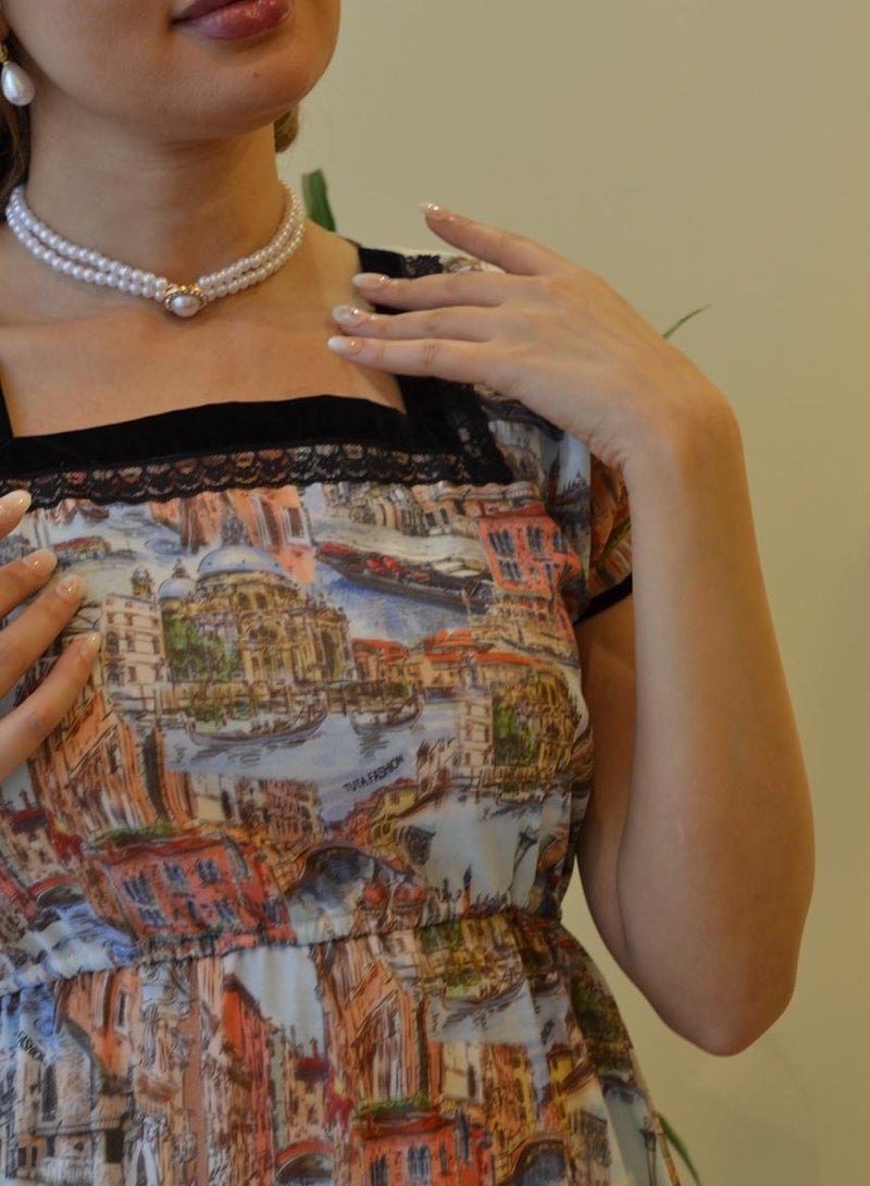 Luxurious Chiffon Dress With a Special TUTA Pattern Design With a Building Theme - Image 1