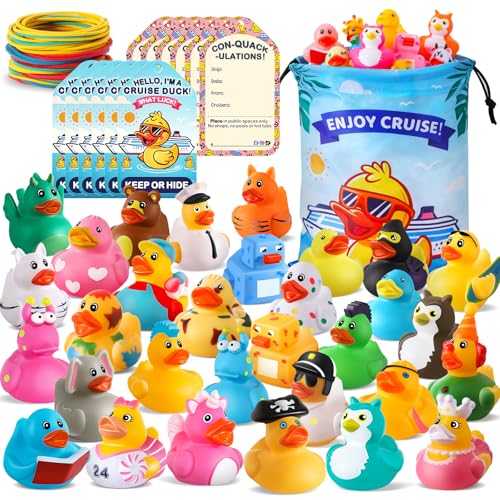 ANGGIKO 100 Pcs Cruise Rubber Ducks Kits Include 30 Cruise Ducks with 30 Cruising Duck Tags 40 Rubber Bands and 1 Duck Bag Bulk Ducks for Cruise Ships Hiding Carnival Ducking Easter Basket Stuffers - Image 1
