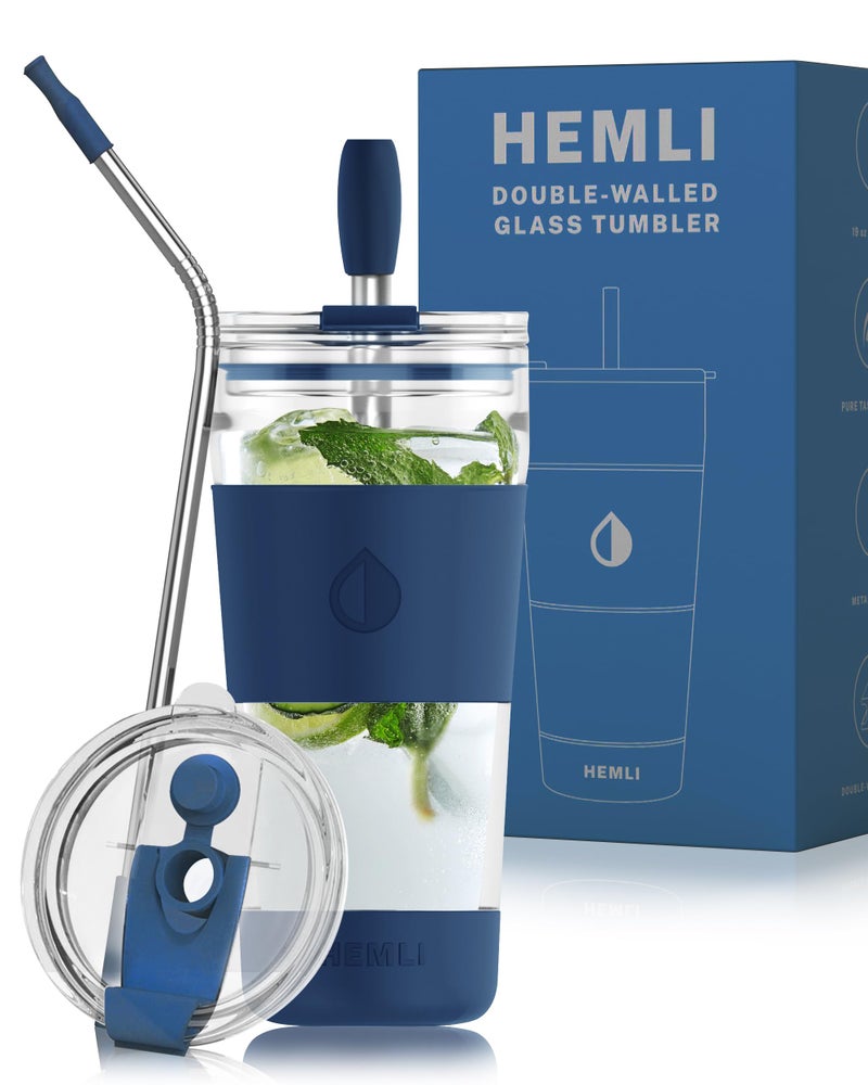 Hemli 19 oz. Double Wall Glass Coffee Tumbler, To Go Travel Mug with Lid, Portable Glass Thermos with Straw, Reusable Cup, Tea, Smoothies, Ice Coffee, and Boba - Image 1