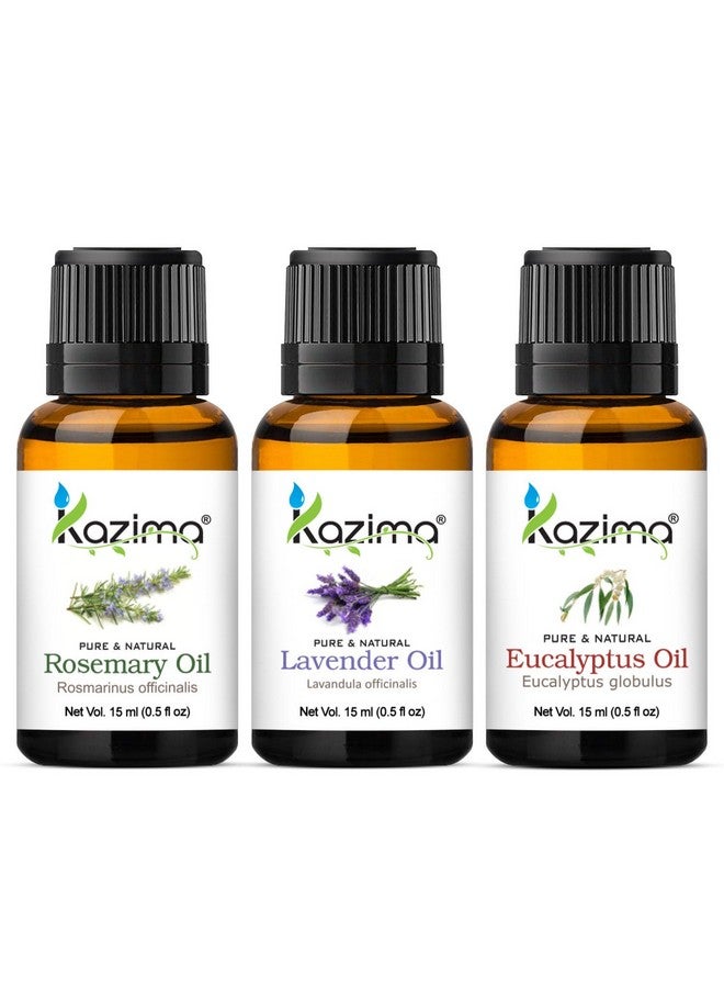 كازيما مجموعة من زيت إكليل الجبل وزيت اللافندر وزيت الأوكالبتوس - زيت عطري نقي وطبيعي وغير مخفف 100% (عبوة من 3 قطع) 15 مل لكل منهما