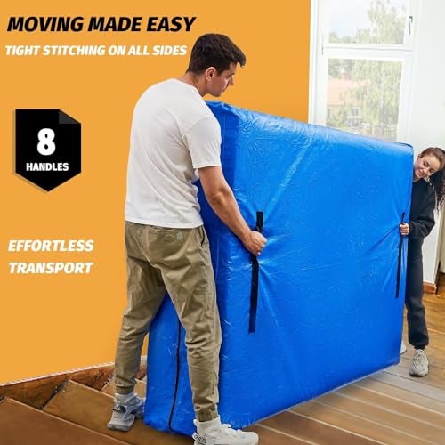 BETU أكياس مرتبة للنقل، غطاء مرتبة BETU واقي للماء بحجم توأم مع 8 مقبضات ثقيلة وسحاب للنقل والتخزين (77"x42"x15" أزرق) - Image 3