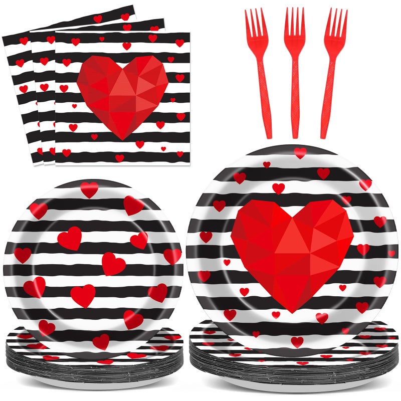 Wiooffen 96 Pcs Valentine's Day Party Plates Napkins Tableware Set Valentines Red Love Heart Stripe Supplies Disposable Dinnerware Valentine's Day Decoration Favors for Wedding 24 Guests - Image 1
