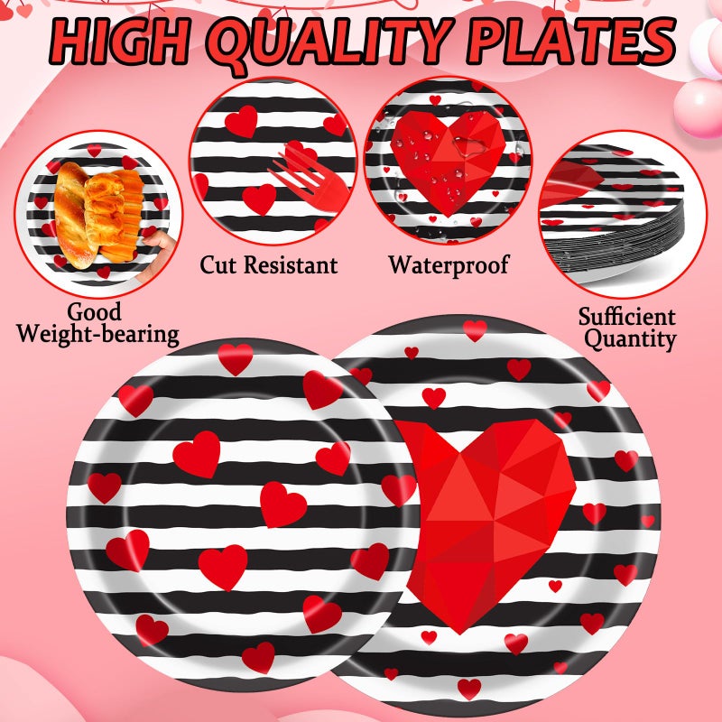 Wiooffen 96 Pcs Valentine's Day Party Plates Napkins Tableware Set Valentines Red Love Heart Stripe Supplies Disposable Dinnerware Valentine's Day Decoration Favors for Wedding 24 Guests - Image 3