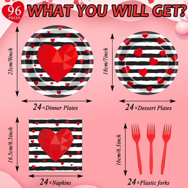 Wiooffen 96 Pcs Valentine's Day Party Plates Napkins Tableware Set Valentines Red Love Heart Stripe Supplies Disposable Dinnerware Valentine's Day Decoration Favors for Wedding 24 Guests - Image 2