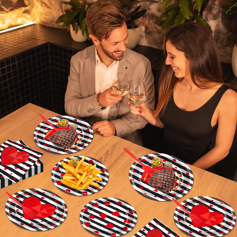 Wiooffen 96 Pcs Valentine's Day Party Plates Napkins Tableware Set Valentines Red Love Heart Stripe Supplies Disposable Dinnerware Valentine's Day Decoration Favors for Wedding 24 Guests - Image 5