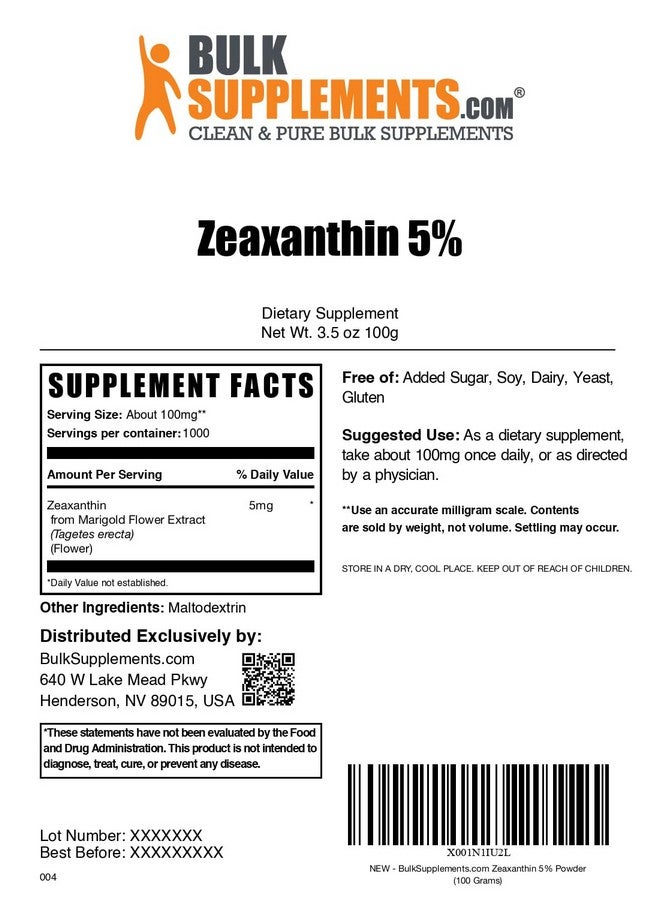 BulkSupplements.com Zeaxanthin Powder - Zeaxanthin Supplements, from Marigold Flower Extract - Gluten Free, 100mg (Zeaxanthin 5mg) per Serving, 100g (3.5 oz) (Pack of 1) - Image 5