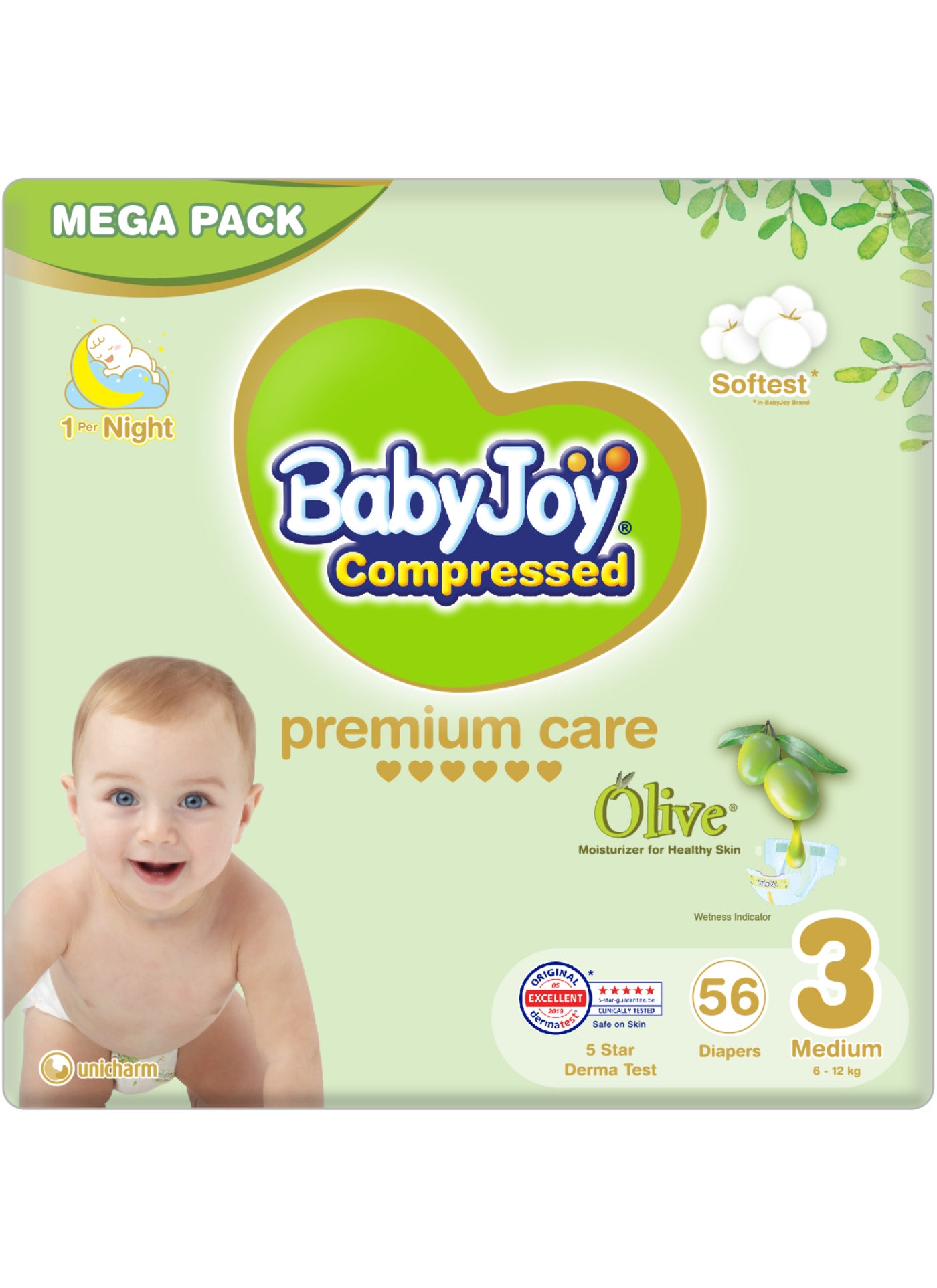 BabyJoy Olive Tape Diaper, Size 3, Medium, 6-12 Kg, Mega Pack, 56 Diapers