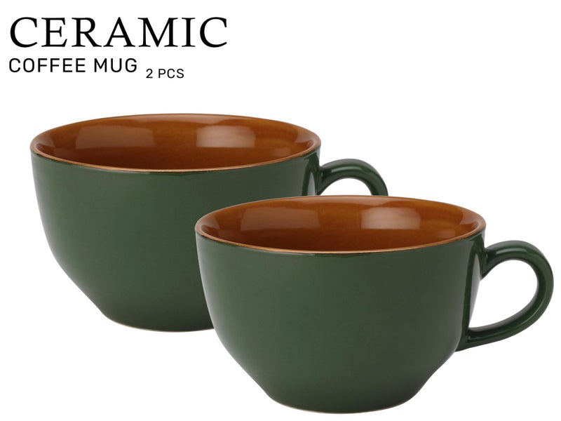 Bodhi House Ceramic Coffee Wide Large Mug with Handle - Set of 2, 350Ml Matte Finish | Bone Ash Free and Microwave Safe | for Cappuccino, Latte, Green Tea - Green - Image 5