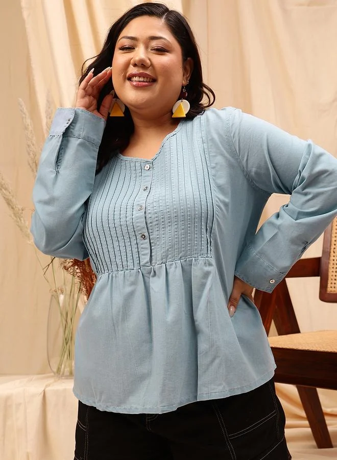 STREET 9 Plus Size Pleated Cotton Buttoned Top