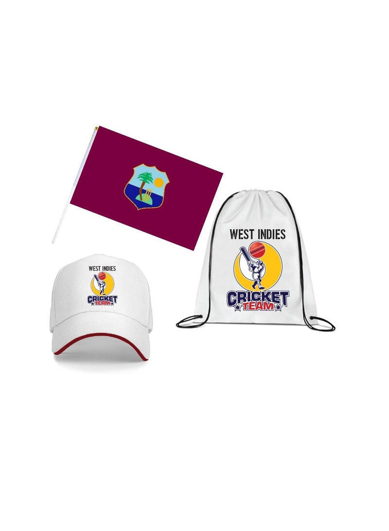 West Indies Sports Cricket Fans Combo Pack for Adults - Pack of 3 - Drawstring Bag, Hand Flag, Cap - Perfect for West Indies Sports Events and Cricket Matches - Image 1