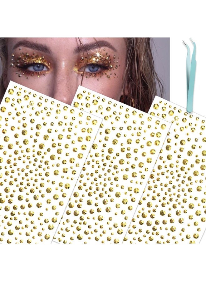 fantasize Gold Face Gems Glitter, 3pcs Stereo Gem Stickers, Hair Gems Rhinestone Stickers for Face, Eye, Makeup, Nail, Body - Image 1