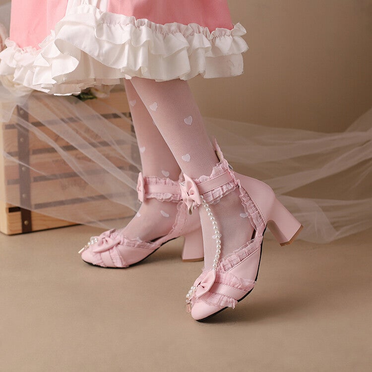 2023 Spring Lolita Bow Ruffled Beaded Princess Shoes Thick Heel 28-33 Small Size 40-43 Large Size - Image 4