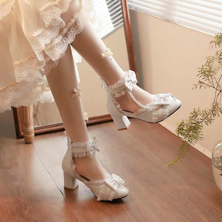2023 Spring Lolita Bow Ruffled Beaded Princess Shoes Thick Heel 28-33 Small Size 40-43 Large Size - Image 2
