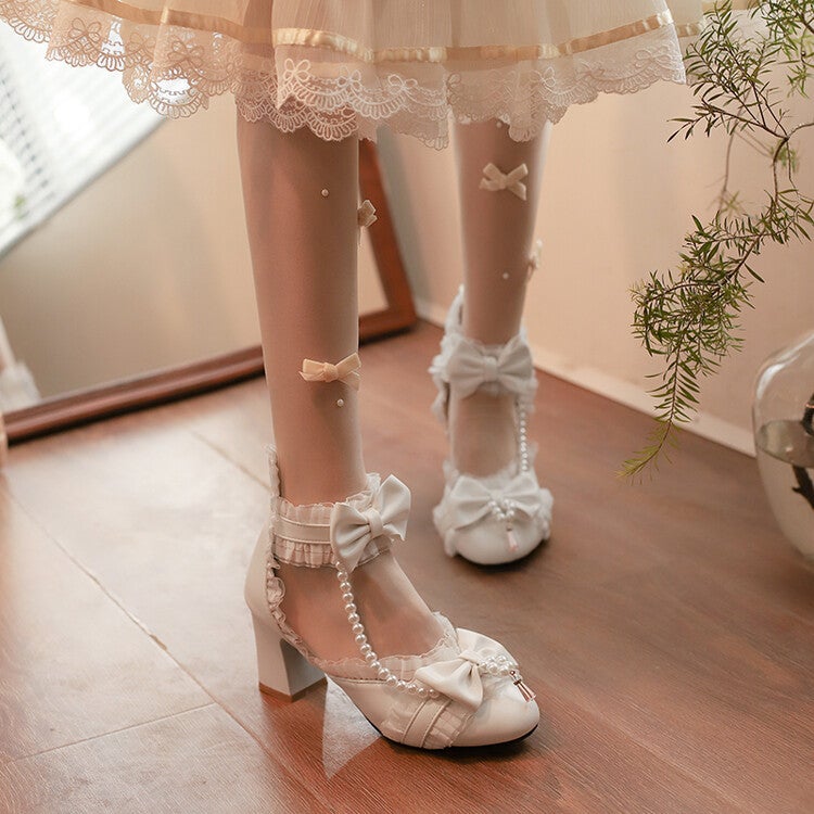 2023 Spring Lolita Bow Ruffled Beaded Princess Shoes Thick Heel 28-33 Small Size 40-43 Large Size - Image 3