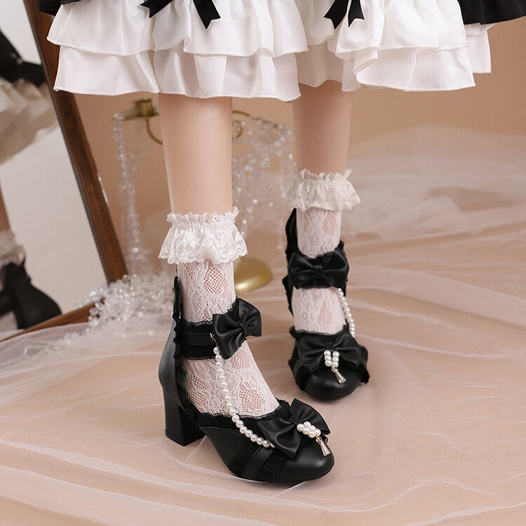 2023 Spring Lolita Bow Ruffled Beaded Princess Shoes Thick Heel 28-33 Small Size 40-43 Large Size - Image 5