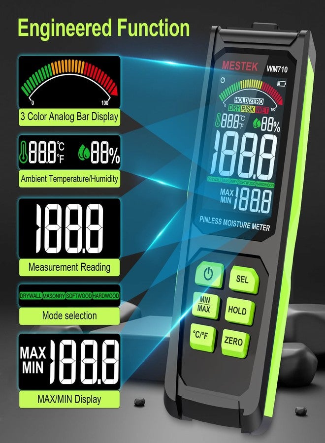 MESTEK Pinless Moisture Meter, MESTEK Wood Moisture Meter Digital Moisture Detector for Lumber Drywall Firewood Masonry Woodworking Plaster Floor Concrete Building with LCD Display Sound Alarm - Image 3