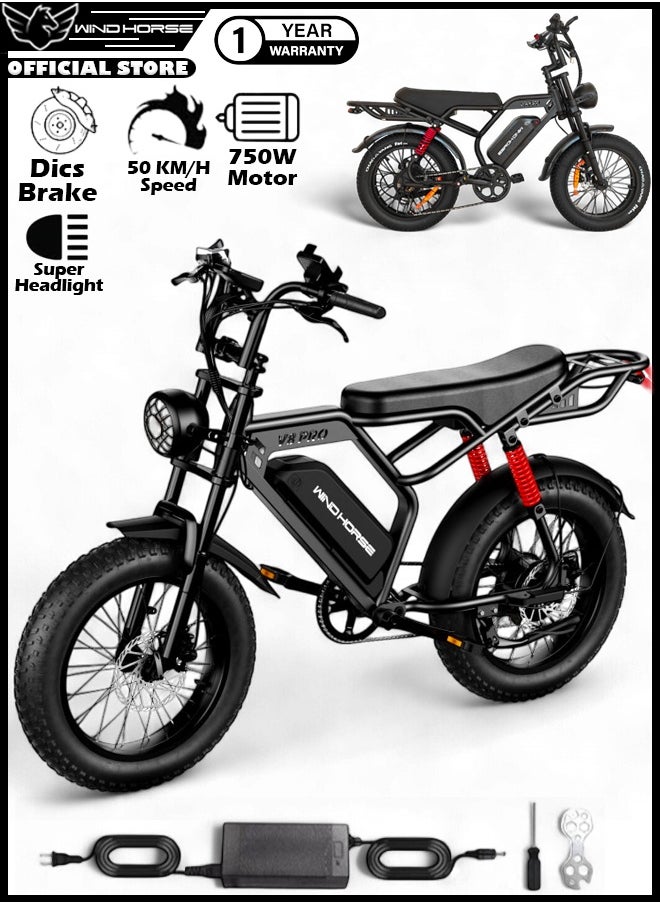 Wind Horse V8 PRO Electric Bike – 750W Gear Hub Motor, 48V 16.6AH Battery, 50KM/H Speed, 45KM Range, 20-Inch Fat Tires, Dual Suspension, Shimano 7-Speed, Carbon Alloy Frame, Dual Disc Brakes  - Image 1