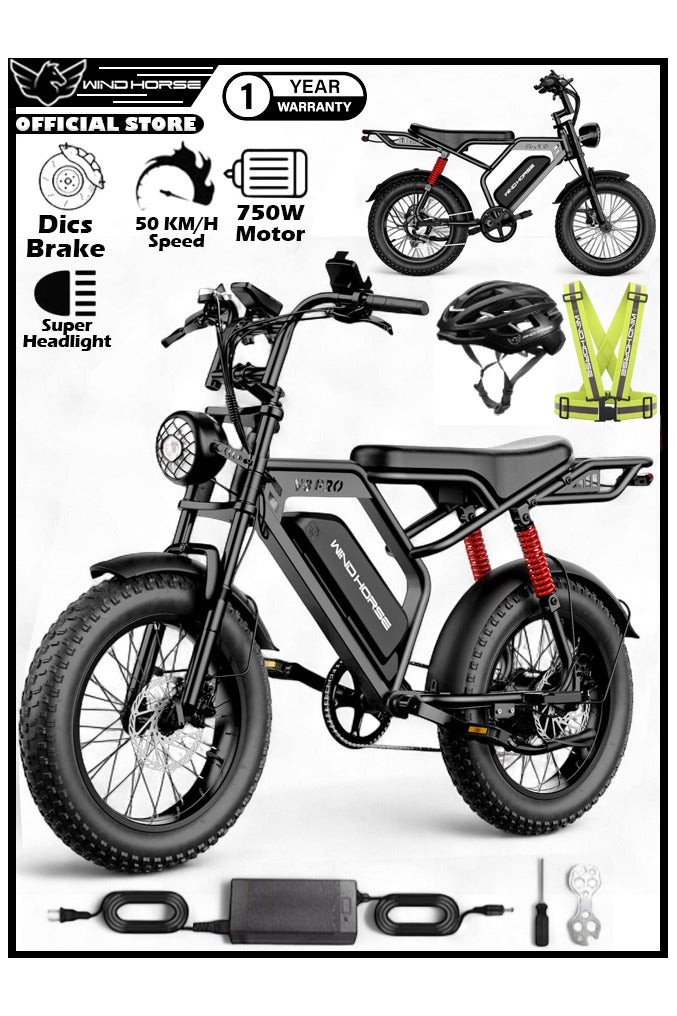 Wind Horse V8 PRO Electric Bike – 750W Gear Hub Motor, 48V 16.6AH Battery, 50KM/H Speed, 45KM Range, 20-Inch Fat Tires, Dual Suspension, Shimano 7-Speed, Carbon Alloy Frame, Dual Disc Brakes - Image 1