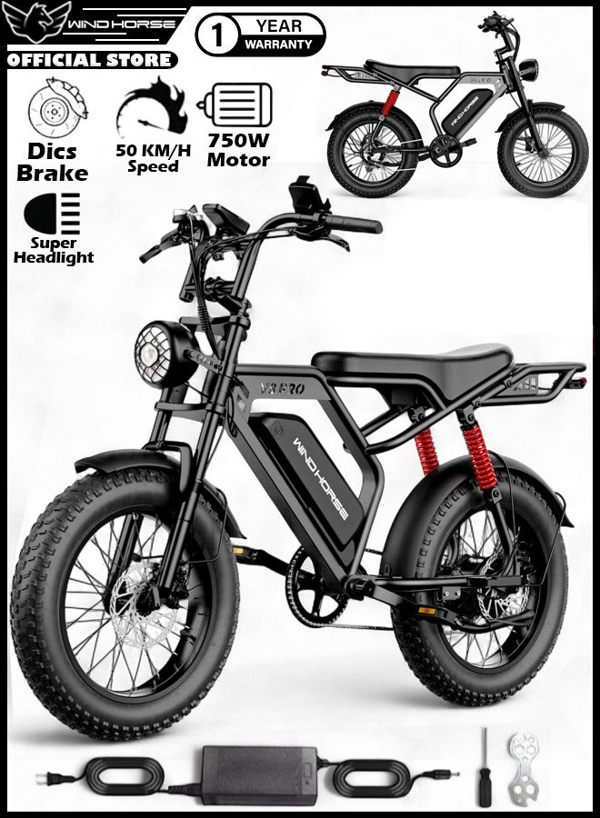 Wind Horse V8 PRO Electric Bike – 750W Gear Hub Motor, 48V 16.6AH Battery, 50KM/H Speed, 45KM Range, 20-Inch Fat Tires, Dual Suspension, Shimano 7-Speed, Carbon Alloy Frame, Dual Disc Brakes - Image 1