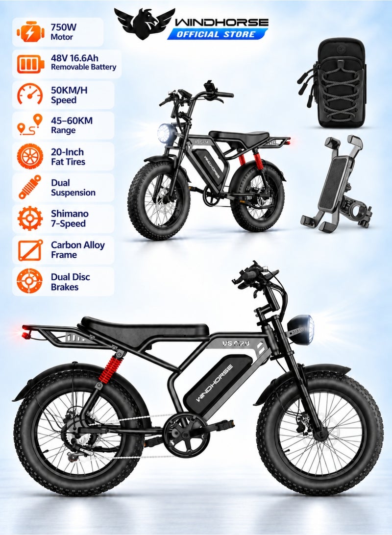 Wind Horse V8 PRO Electric Bike – 750W Gear Hub Motor, 48V 16.6AH Battery, 50KM/H Speed, 45KM Range, 20-Inch Fat Tires, Dual Suspension, Shimano 7-Speed, Carbon Alloy Frame, Dual Disc Brakes - Image 1