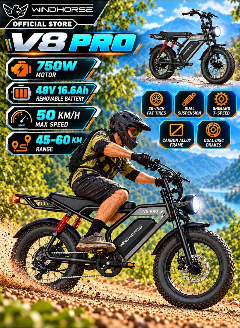 Wind Horse V8 PRO Electric Bike – 750W Gear Hub Motor, 48V 16.6AH Battery, 50KM/H Speed, 45KM Range, 20-Inch Fat Tires, Dual Suspension, Shimano 7-Speed, Carbon Alloy Frame, Dual Disc Brakes - Image 1