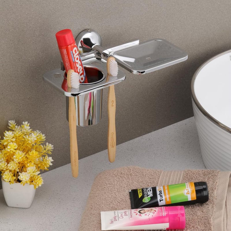 LAPO Stainless Steel 304 Grade Tumbler Holder for Bathroom/Soap with Tumbler Holder Wall Mounted/Tooth Brush Holder Bathroom Accessories(Cp/Matt Finish) Pack of 1 - Image 1