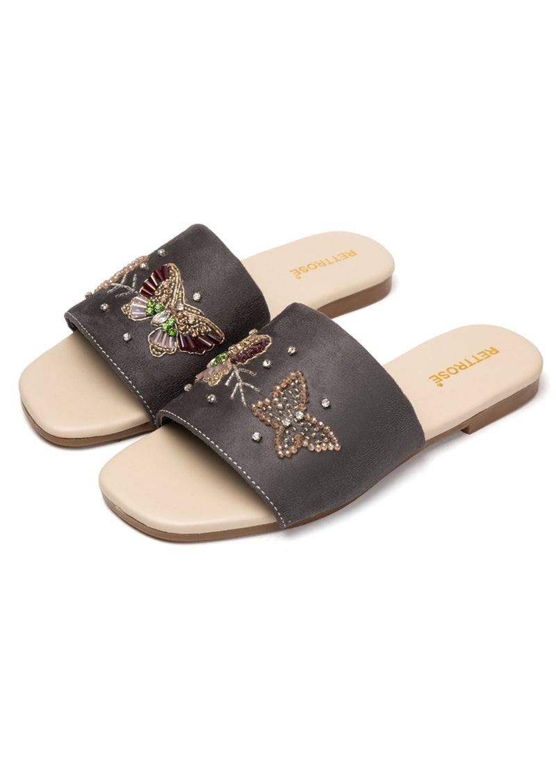 RETTROSE RETTROSE Saylor Women’s Luxury Sliders – Brown & Beige Handmade Comfortable Slippers with Diamanté Appliqué | Elegant Footwear  - Image 5