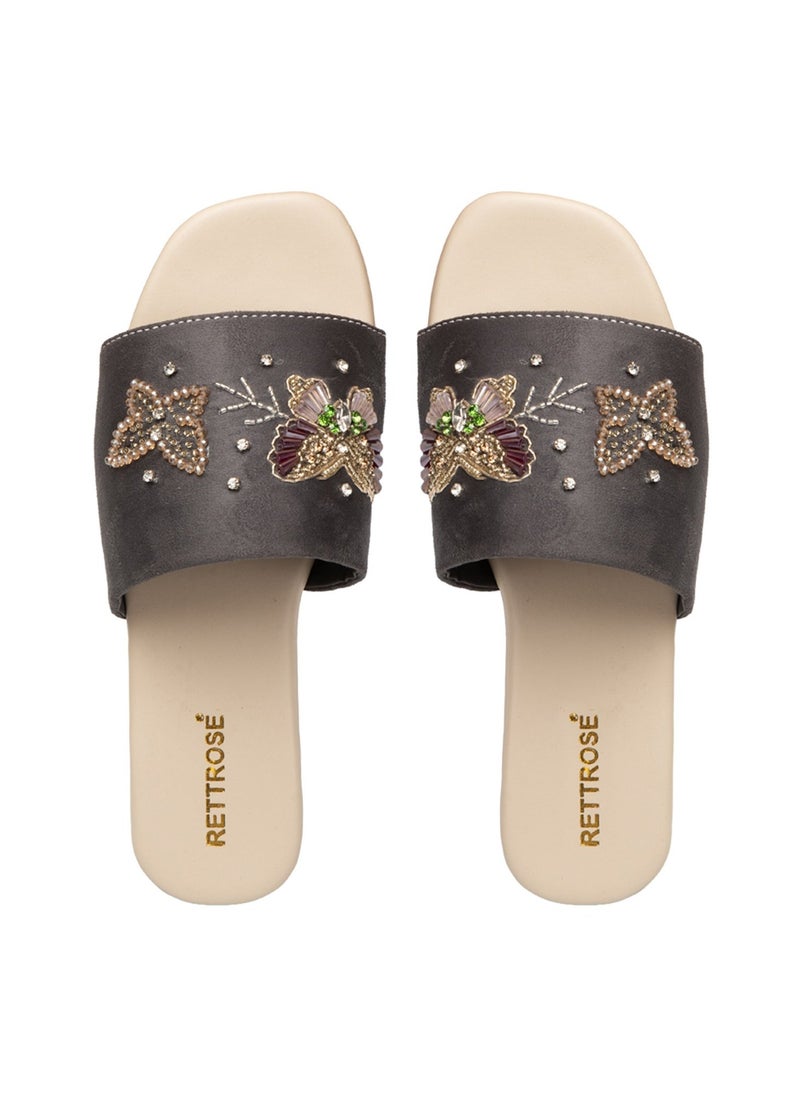 RETTROSE RETTROSE Saylor Women’s Luxury Sliders – Brown & Beige Handmade Comfortable Slippers with Diamanté Appliqué | Elegant Footwear  - Image 2