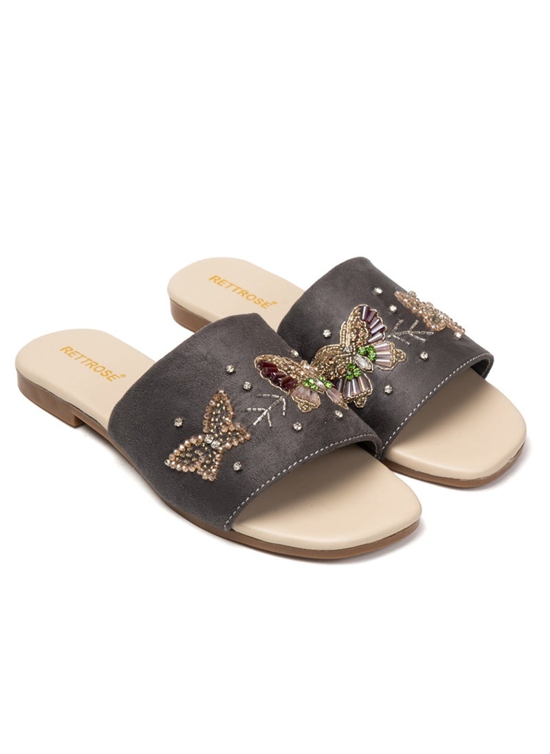 RETTROSE RETTROSE Saylor Women’s Luxury Sliders – Brown & Beige Handmade Comfortable Slippers with Diamanté Appliqué | Elegant Footwear  - Image 4